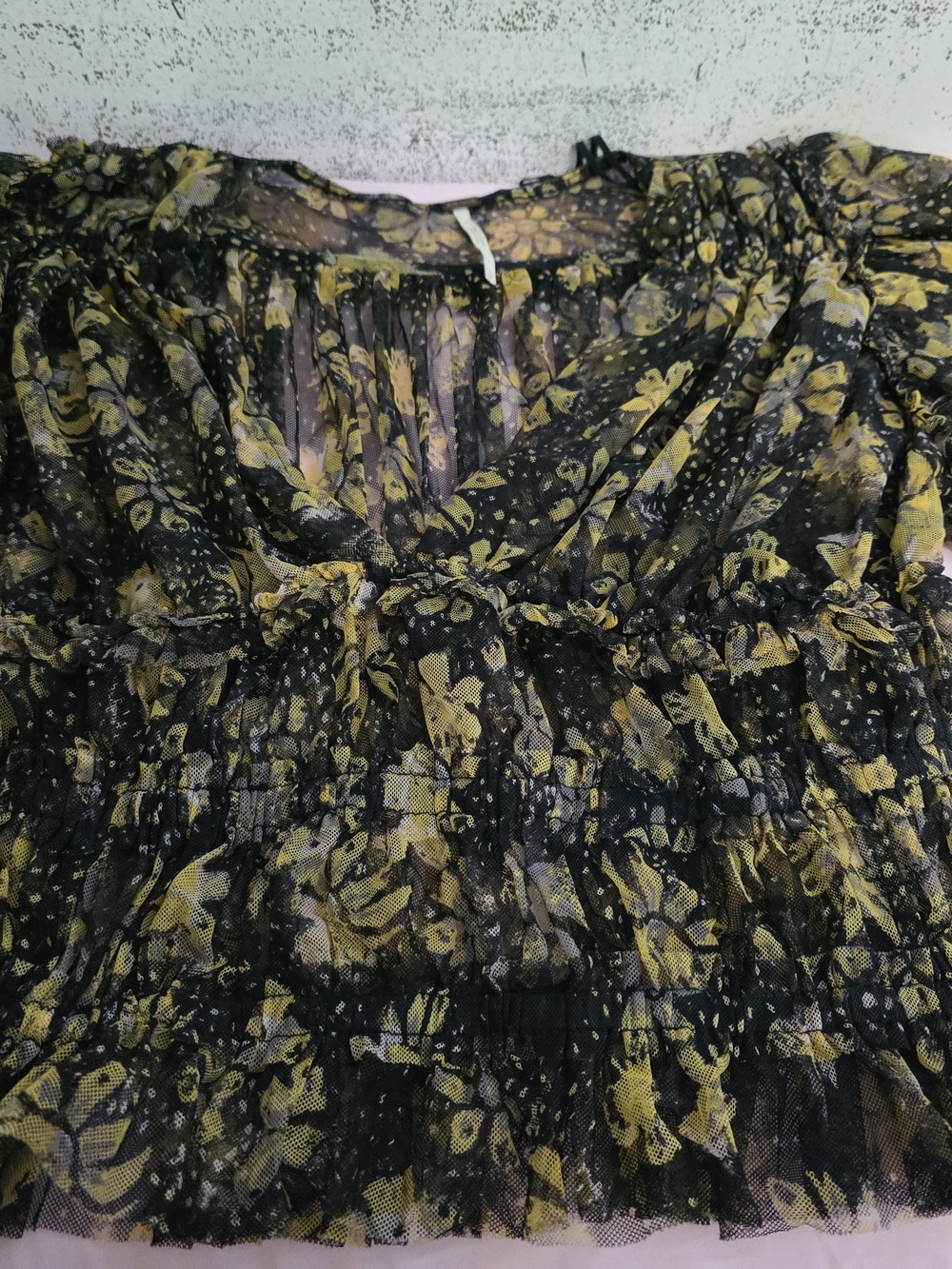 Free People Black Mesh Blouse with Yellow Floral Print